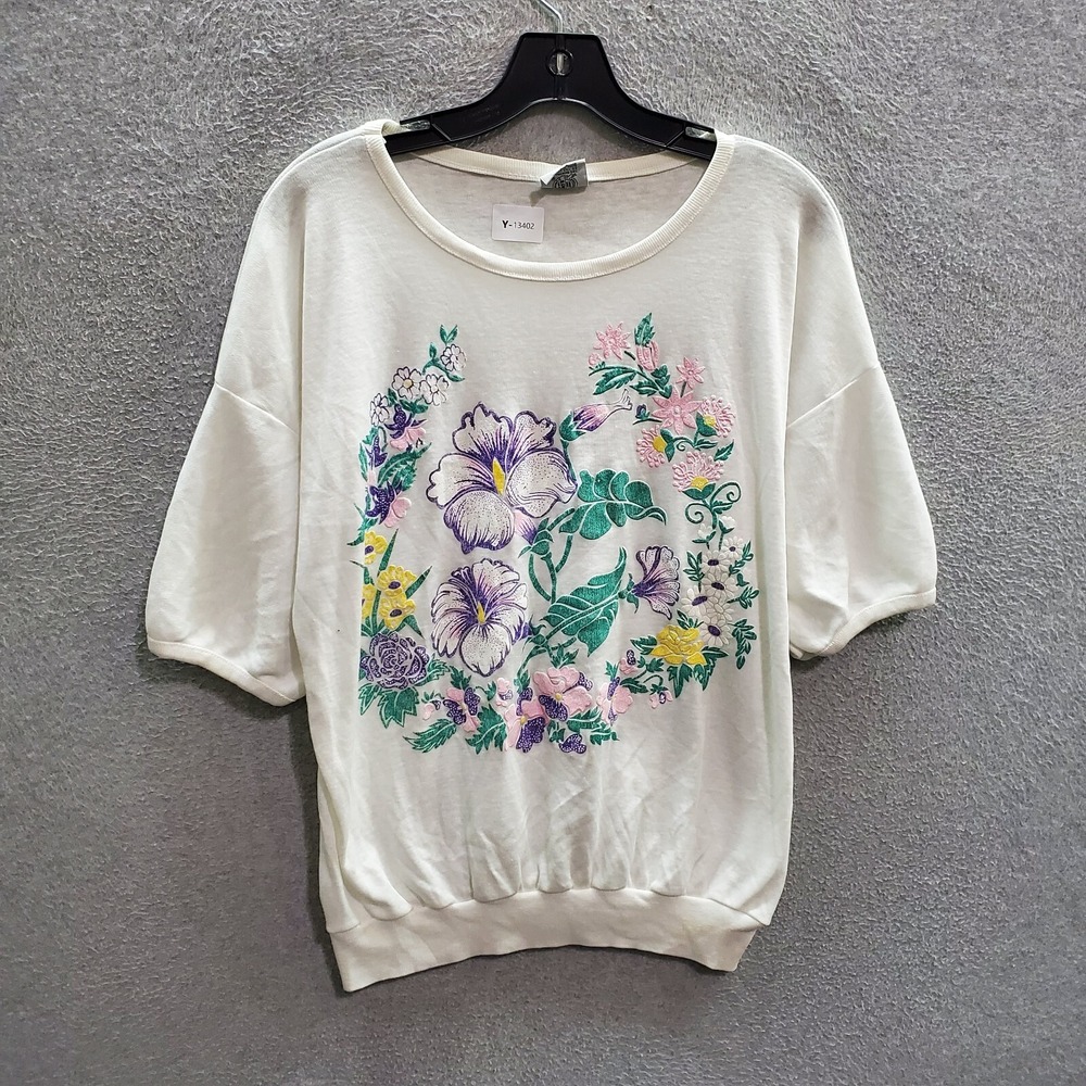 VINTAGE Flower Women Sweatshirt Large White 90s Floral Print 3/4 Sleeve Pullover
